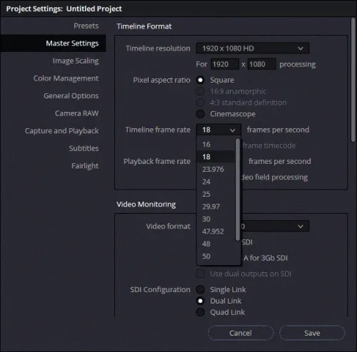 timeline frame rate setting