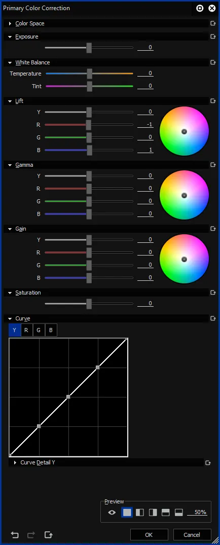 Fenêtre Primary Color Correction d’Edius avec les réglages lift, gamma, gain, saturation et courbe