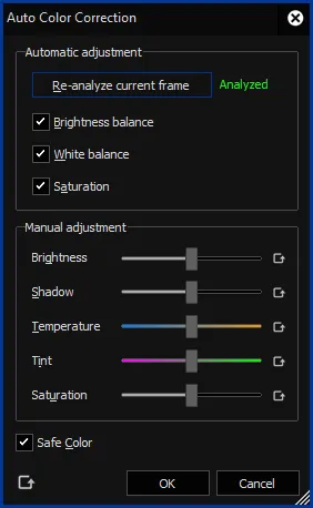Outil Auto Color Correction d’Edius avec ses cinq curseurs globaux